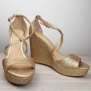 Gold Glitter Wedge Platform Heels